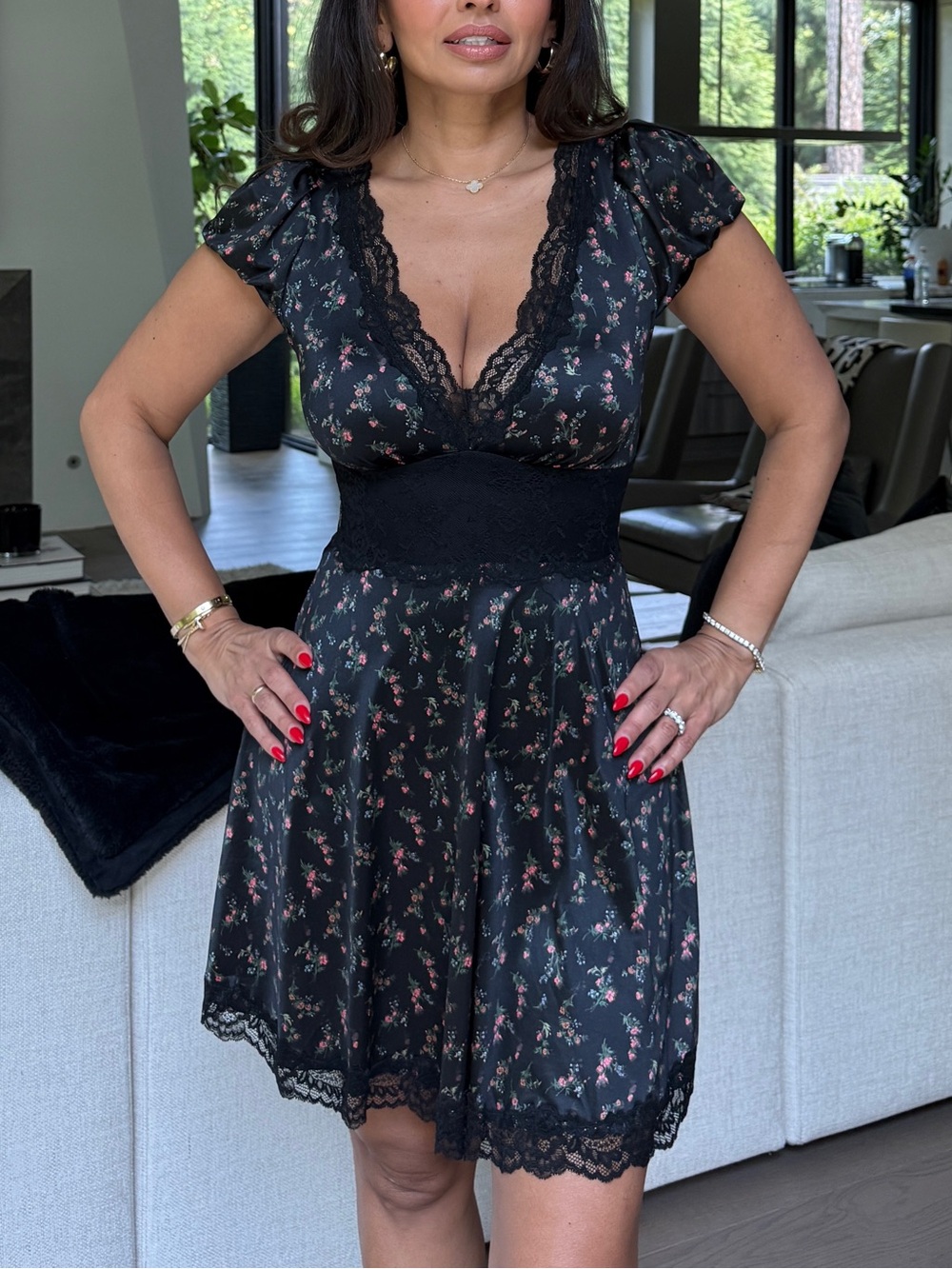 Black Floral Lace Trim V-Neck Dress